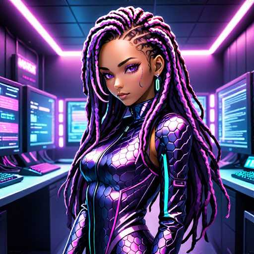 The image depicts a woman with long dreadlocks and purple hair wearing a futuristic outfit that includes a metallic jumpsuit and a helmet with a built-in camera. The background features computer monitors displaying lines of code in various colors including pink, blue, green, and yellow.