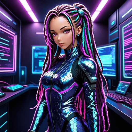The image depicts a woman with long dreadlocks and a futuristic outfit standing in front of a computer monitor. The background features neon lights and computer monitors, creating an industrial or technological setting.