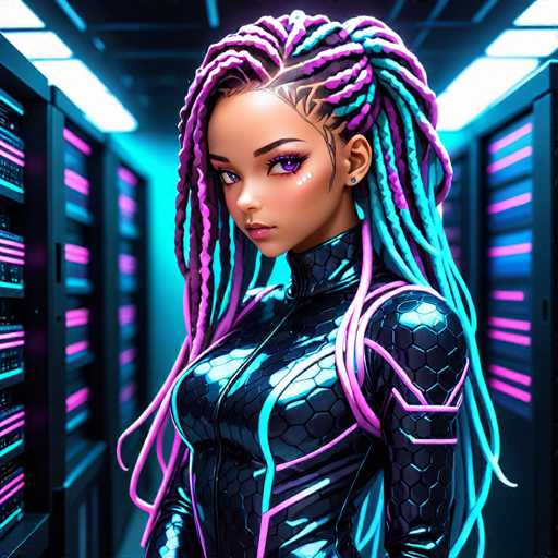 A woman with long dreadlocks and a futuristic outfit stands in front of a computer server rack filled with servers. The server racks are illuminated by neon lights that cast an ethereal glow on the scene.