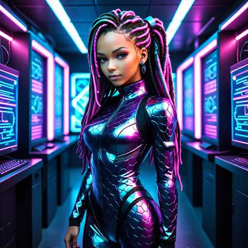 A woman with long dreadlocks and a futuristic outfit stands confidently in front of a computer monitor on the left side of the image. The room is filled with neon lights that cast an ethereal glow, creating a futuristic atmosphere.