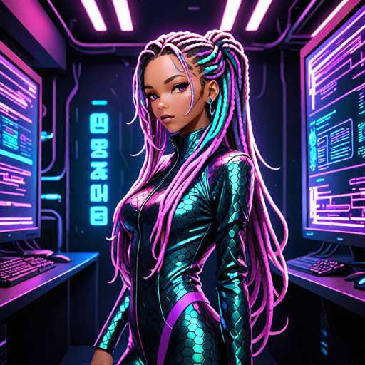 The image depicts a woman with long hair and dreadlocks wearing a futuristic outfit of blue and purple hues. She is standing in front of two computer monitors displaying lines of code on their screens. The background features a dark purple color scheme with neon lights illuminating the scene.