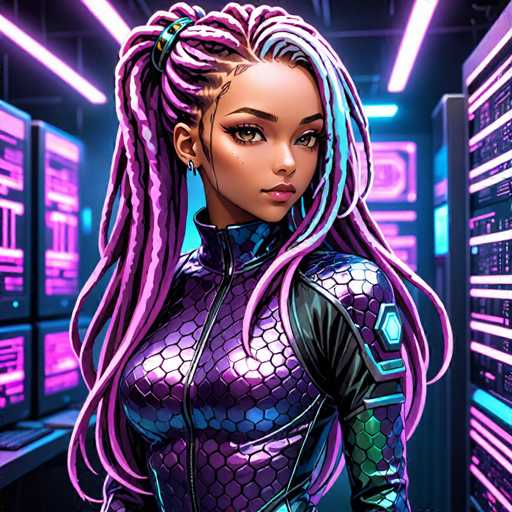 The image depicts a woman with long purple dreadlocks wearing a purple and silver suit that resembles the scales of a fish or an octopus. She is standing in front of a computer screen, suggesting she might be working on a project related to technology or data analysis. The background features neon lights and computer monitors, indicating a modern office environment.