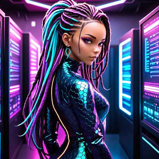 The image depicts a woman with long dreadlocks and blue hair wearing a futuristic outfit that includes a metallic jumpsuit. The setting appears to be a dark room filled with computer monitors displaying lines of code or data.