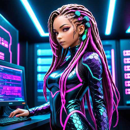 A woman with long dreadlocks and a purple jumpsuit is standing at a desk in front of a computer monitor, typing on the keyboard. The background features a black computer screen displaying lines of code.