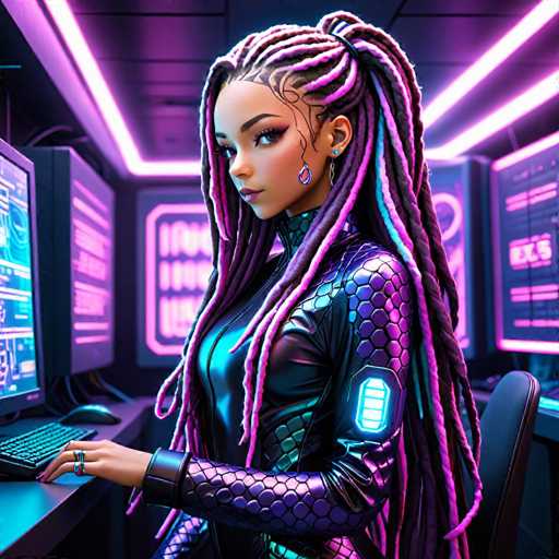 A woman with long dreadlocks and a purple jumpsuit is sitting at a desk in front of a computer screen, typing on the keyboard. The background features neon lights and computer monitors, creating an atmosphere of a futuristic workspace or gaming environment.