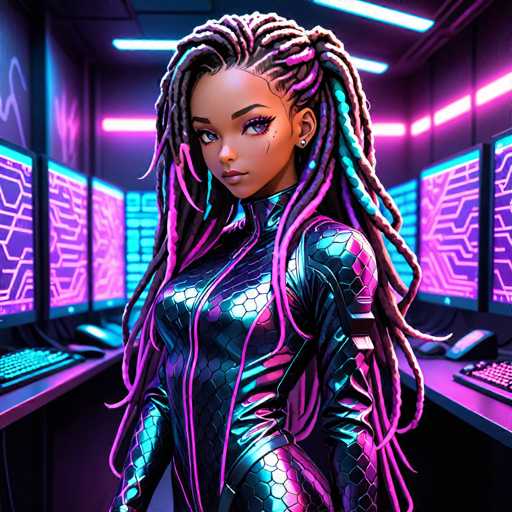 The image depicts a woman with long dreadlocks wearing a futuristic outfit that includes a metallic jumpsuit and a helmet with a large visor. The background is filled with computer monitors displaying various lines of code in shades of purple and pink.