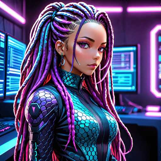 The image depicts a woman with long dreadlocks and purple hair wearing a futuristic outfit that includes a blue and silver suit with a snake-like pattern on the chest area. The background features neon lights and computer monitors, suggesting an environment of technology or a futuristic setting.
