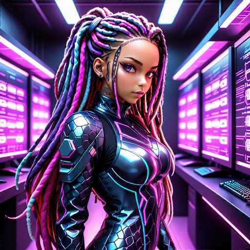 The image depicts a woman with long dreadlocks and a futuristic outfit standing in front of computer monitors on a desk. The room is illuminated by neon lights, creating an otherworldly atmosphere.