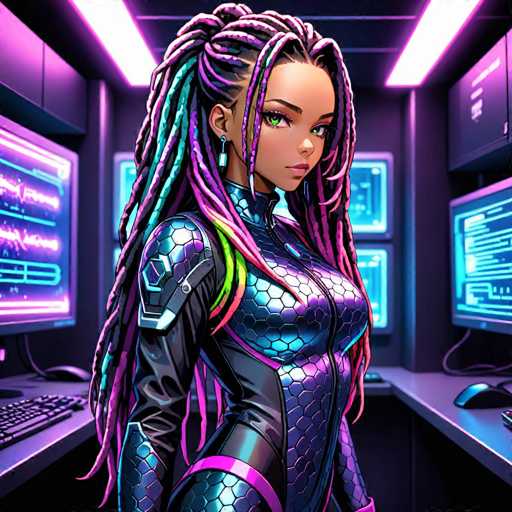 The image depicts a woman with long dreadlocks and a futuristic outfit standing in front of a computer monitor. The background features neon lights that create an otherworldly atmosphere.