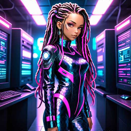 The image depicts a woman with long dreadlocks and a futuristic outfit standing in front of multiple computer monitors arranged in rows on either side of her. The room is illuminated by pink and blue neon lights, creating an otherworldly atmosphere.