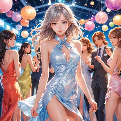 The image depicts a group of women dressed in formal attire standing on a dance floor at a party. The woman in the center is wearing a blue dress and has her hair styled in loose waves. She appears to be dancing with one hand raised while the other is resting on her hip, suggesting she is enjoying herself. The background features colorful lanterns hanging from the ceiling, adding to the festive atmosphere of the scene.