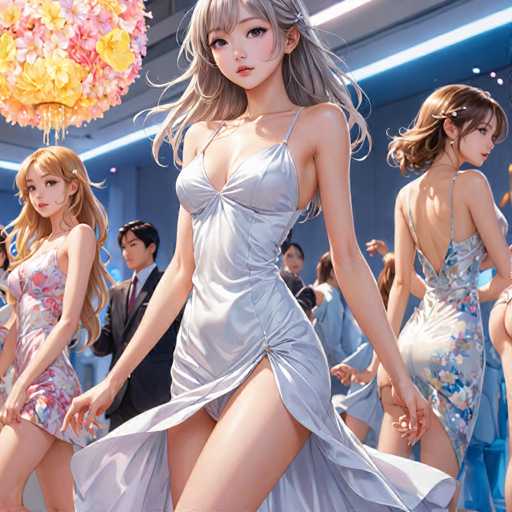 The image depicts three women standing side by side against a blue background with a chandelier hanging above them. The woman on the left is wearing a white dress and has her hair styled in loose waves. In the center, another woman is wearing a silver dress that features a split skirt. On the right, there's a third woman who appears to be wearing a floral dress.
