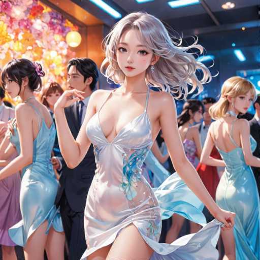 The image depicts a woman wearing a white dress with blue flowers on it, standing in the center of a room filled with other women dressed in formal attire. The room is illuminated by warm lights and has a floral decoration hanging from the ceiling.