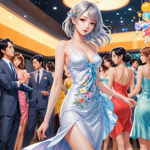 The image depicts a lively scene at a party with several people dressed up and engaged in conversation. The central figure is a woman wearing a blue dress adorned with flowers on the bodice, who appears to be the center of attention as she stands confidently amidst the crowd. In the background, there are other individuals also present, contributing to the festive atmosphere.