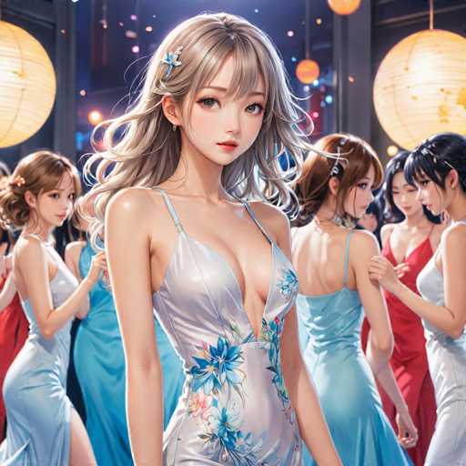 The image depicts a group of women dressed in elegant evening gowns standing together against the backdrop of a room with hanging lanterns and a window. The woman at the center is wearing a blue dress adorned with white flowers on her bodice.