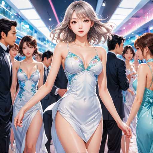 The image depicts a woman wearing a white dress with blue flowers and a matching blue dress cinched at the waist by a black belt. She is walking down a hallway lined with pink lights, surrounded by other women dressed in formal attire. The background features a store window filled with various items for sale.