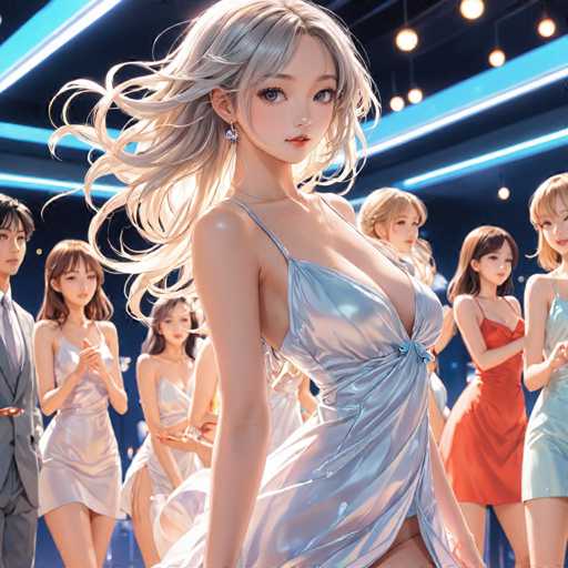 The image depicts a group of women dressed in formal attire standing on a stage with blue lights illuminating the scene. The woman at the center is wearing a white dress and has her hair styled in loose waves. Surrounding her are other women also dressed in elegant dresses, creating an atmosphere of sophistication and glamour.