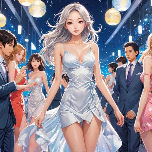 The image depicts a woman wearing a white dress with her hair styled in loose waves and holding a clutch purse as she walks through a crowded room filled with people dressed in formal attire. The background is dark blue, creating a contrast that highlights the woman's figure.