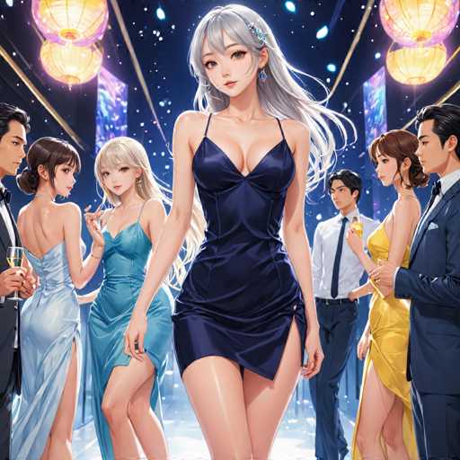 The image depicts a group of people dressed up for a party or event at a club. The main focus is on a woman wearing a blue dress with a high neckline and long sleeves, standing in the center of the frame. Surrounding her are other individuals also dressed up, some holding drinks in their hands. The background features hanging lanterns that cast a warm glow over the scene, creating an atmosphere of celebration and camaraderie.