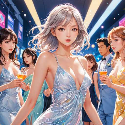 The image depicts a group of people at a party, with one woman wearing a blue dress and holding a glass of wine. The background is dark and illuminated by yellow lights, creating an atmosphere of celebration and camaraderie among the attendees.