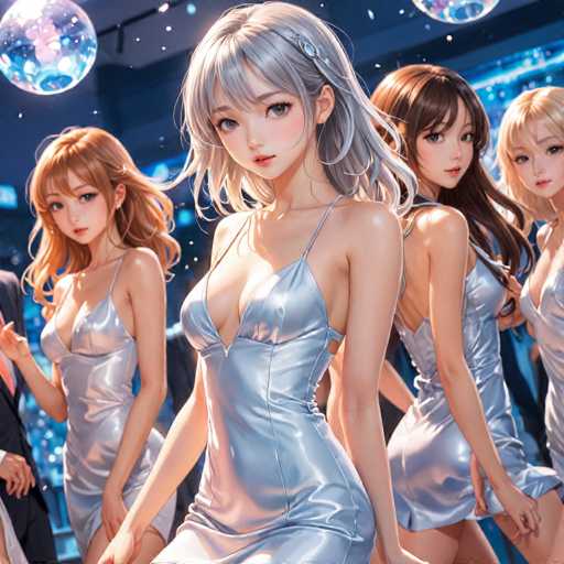 The image depicts four women standing side by side against a blue background with white stars. The woman on the far left is wearing a silver dress and has blonde hair styled in loose waves. In the center, another woman is wearing a silver dress as well but her hair is styled in an updo. To the right of this woman, there's a third woman who is also dressed in a silver dress with long brown hair. The fourth woman on the far right is wearing a black dress and has short blonde hair.