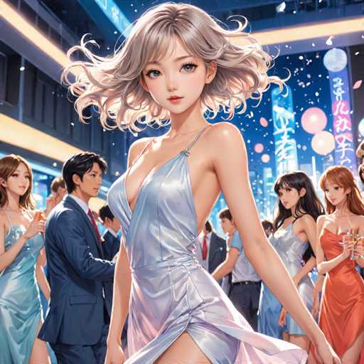 The image depicts a woman with long blonde hair wearing a blue dress and red heels standing in front of a group of people dressed in formal attire at an event. The background shows the interior of a building with neon lights illuminating the scene.