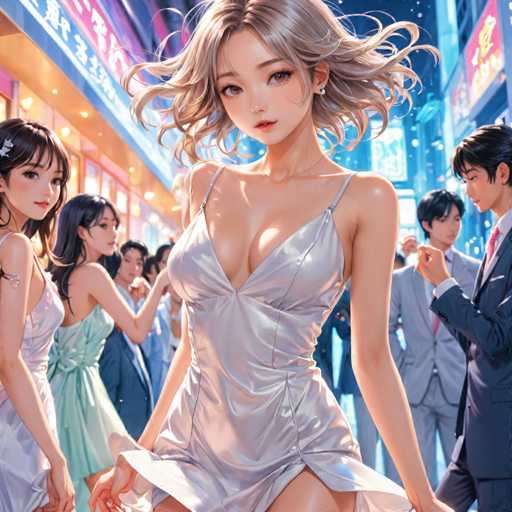 The image depicts a woman wearing a white dress with a plunging neckline and skirt, standing on the street at night. The background shows a cityscape with neon lights illuminating the scene. In the foreground, there are other people present in the image.