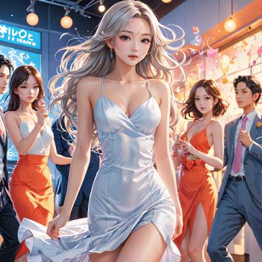The image depicts four women dressed in formal attire standing together against a blue background with white lights and neon signs. The woman on the left is wearing an orange dress and holding her hand out to the side. The other three women are also dressed in elegant dresses of various colors - red, black, and white. They appear to be posing for a photo or attending a formal event together.
