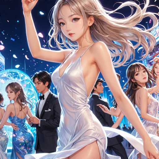 The image depicts a woman with long blonde hair and blue eyes wearing a white dress, holding her arm up high as she dances at a party. In the background, there is another woman in a black dress also dancing, while two men are standing nearby dressed in suits. The scene takes place in an urban setting with buildings visible in the distance.