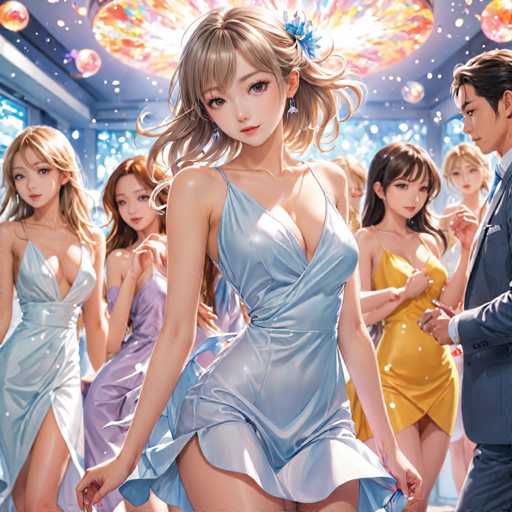 The image depicts a group of five women dressed in elegant evening gowns and high heels standing together against a blue background with white polka dots. The woman at the center is wearing a blue dress that stands out from the rest.