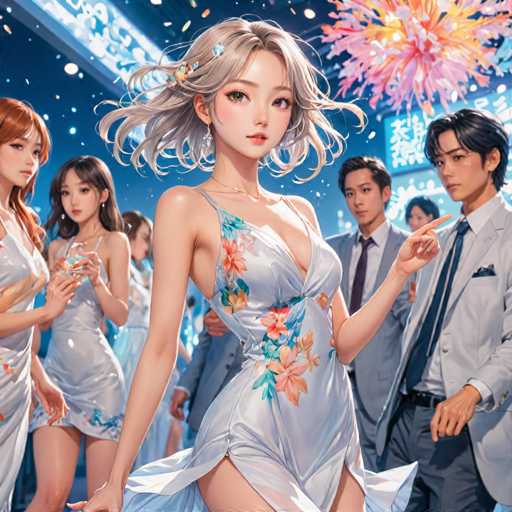 The image depicts a woman wearing a white dress with blue and orange flowers on it, standing in the center of a room filled with other people dressed in formal attire. The background is dark, creating an intimate atmosphere for the scene.