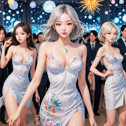 The image depicts three women dressed in elegant white dresses with floral patterns and gold accents, standing on a dance floor at a party. The woman in the center is wearing a necklace that features blue flowers.