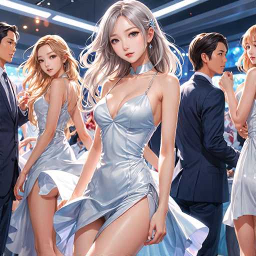 The image depicts a woman wearing a silver dress with a high neckline and split legs, standing on the left side of the frame. In the background, there is another woman dressed in a black suit and tie, positioned slightly to her right. The scene takes place at an event or party, as suggested by the presence of other people in the image who are also dressed up for the occasion.
The colors used in the image are predominantly blue and silver, which contribute to the overall ambiance of the setting.