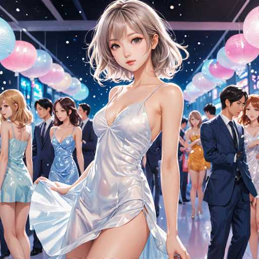 The image depicts a woman wearing a silver dress with a low back and thigh-length skirt, standing in the center of a room filled with people dressed in formal attire. The background is adorned with pink and blue lanterns hanging from the ceiling, creating an atmosphere of celebration or festivity.