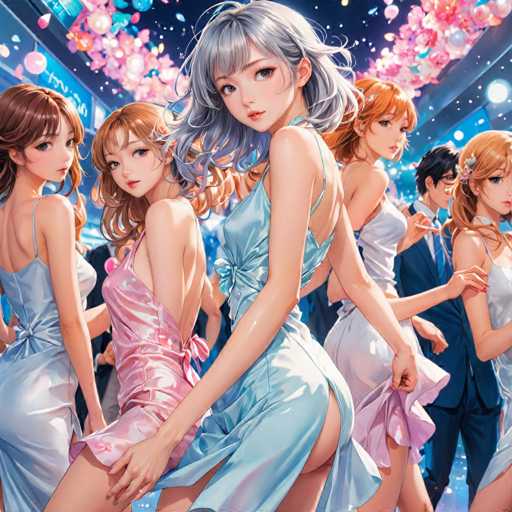 The image depicts five women dressed in formal attire standing together against a blue background with white stars and balloons. The woman on the far left is wearing a pink dress, while the other four women have dresses of various colors including blue, orange, and brown.