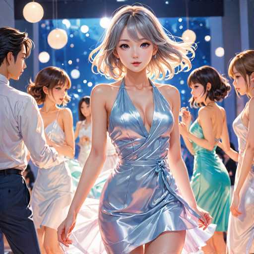 The image depicts a group of people at a party, with one woman wearing a blue dress and holding her hair back while standing next to another woman who is also holding her hair back. The background features white lights that cast a soft glow on the scene, creating an atmosphere of celebration and camaraderie among the attendees.