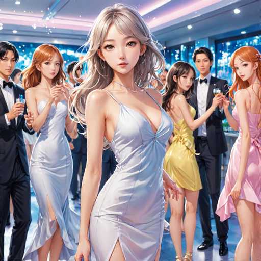 The image depicts a group of people dressed up for a party or event. The central figure is a woman wearing a white dress with a low neckline and split skirt, standing confidently against the backdrop of a blue wall adorned with pink lights. Surrounding her are other individuals in various outfits, including one person holding a champagne glass.