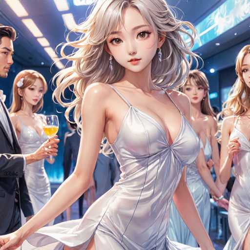 The image depicts a woman with blonde hair wearing a white dress and holding a glass of wine. She is standing in front of a group of people dressed in formal attire, suggesting that she may be attending a social event or party. The background features a blue wall adorned with lights, creating an atmosphere of elegance and sophistication.