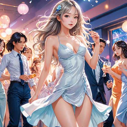 The image depicts a woman wearing a blue dress with her hair styled in loose waves and holding a glass of wine. She is surrounded by other people at an event, suggesting a social gathering or party atmosphere. The background features a variety of colorful lights that add to the festive ambiance.
