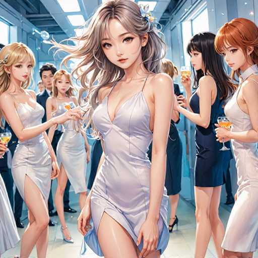 The image depicts a group of women dressed in elegant white dresses and high heels standing together in what appears to be an indoor setting with blue walls and a large window that allows natural light to illuminate the scene. The women are engaged in conversation or posing for a photo, creating a sense of camaraderie among them.