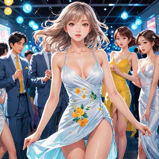 The image depicts a woman wearing a blue dress with yellow flowers on it and holding a bouquet of flowers. She is surrounded by other people at an event, suggesting that she might be the center of attention or the hostess. The background features a dark room with blue lights hanging from the ceiling, creating a festive atmosphere.