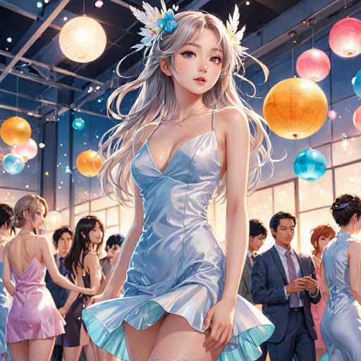The image depicts a woman with long blonde hair wearing a blue dress and a flower crown on her head, standing in front of a group of people at an event. The background is filled with colorful party decorations hanging from the ceiling, creating a festive atmosphere.