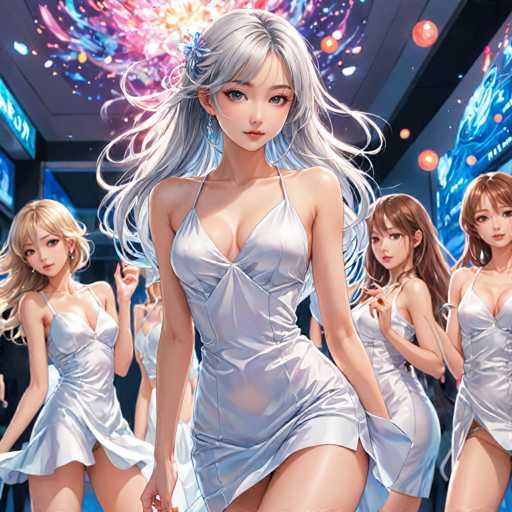 The image depicts four women standing side by side against a vibrant blue background with pink and purple lights. The woman on the far left is wearing a white dress that contrasts with her blonde hair. In the center of the group, there's another woman in a white dress, while to her right stands a woman with brown hair. On the far right, there's a woman with black hair.