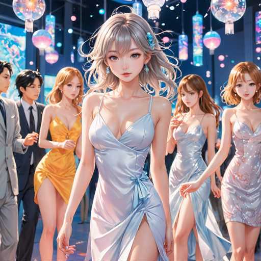 The image depicts a group of women dressed in formal attire standing together and facing the camera. The woman at the center is wearing a blue dress with a bow on her hair and has long blonde hair styled in loose waves. To her left, there are two other women also dressed in elegant dresses, while to her right, another woman stands out with a more casual outfit consisting of a white dress.

The background features a large screen displaying colorful lights that add an artistic touch to the scene. The lighting casts a warm glow on the group and enhances their presence as they stand together against this backdrop.