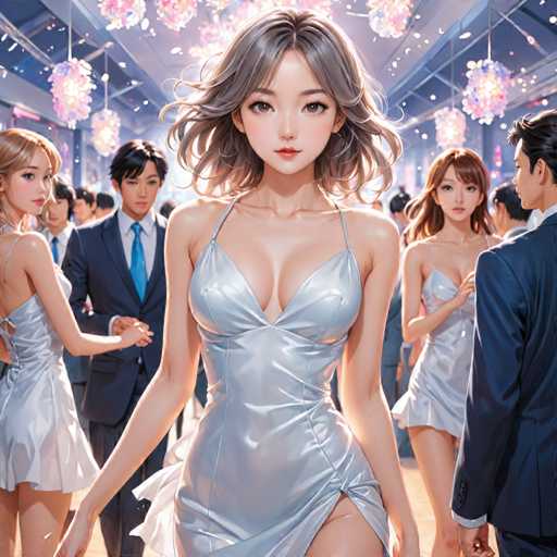 The image depicts a woman wearing a silver dress with a low neckline and split legs, standing in the center of a room filled with people dressed in formal attire. The background is dark blue, creating a contrast that highlights the woman's figure.