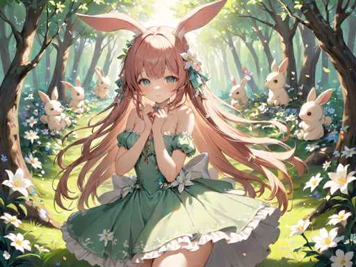A girl with long brown hair and a green dress is standing in front of a forest filled with white flowers. She has her hands clasped together on her hips and is looking directly at the camera.