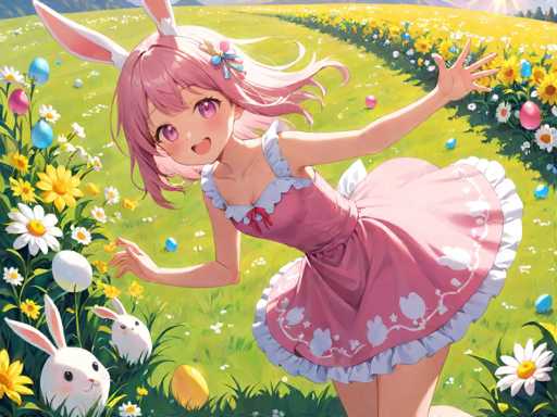 A pink-haired girl with a white ruffled dress is shown running through a field of yellow flowers and surrounded by white rabbits.