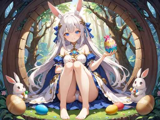 A woman with long white hair and blue dress is sitting on a rock surrounded by three rabbits holding eggs.