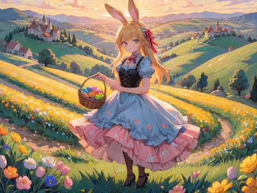 A girl with blonde hair and blue eyes is standing on a grassy field holding an Easter basket filled with eggs. She is wearing a blue dress adorned with pink flowers and a red bow in her hair. The background features a picturesque landscape of rolling hills dotted with houses and trees, creating a serene and idyllic setting for the Easter celebration.