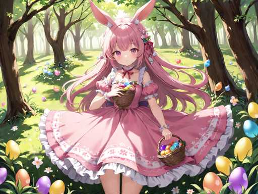 A young girl with long hair and pink hair is walking through a forest filled with colorful Easter eggs on the ground. She is wearing a pink dress and carrying a basket of Easter eggs.